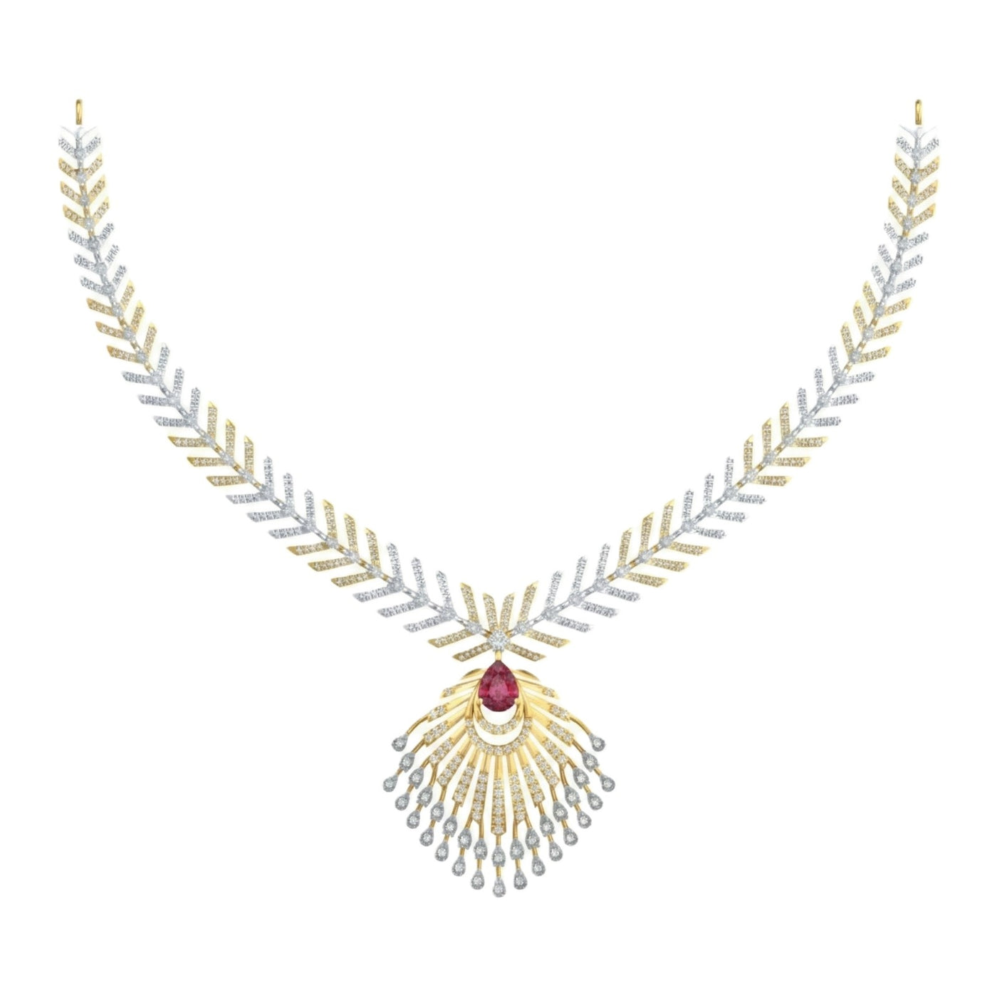 A two-tone gold and leaf-pattern necklace with a central teardrop-shaped red ruby gemstone 
