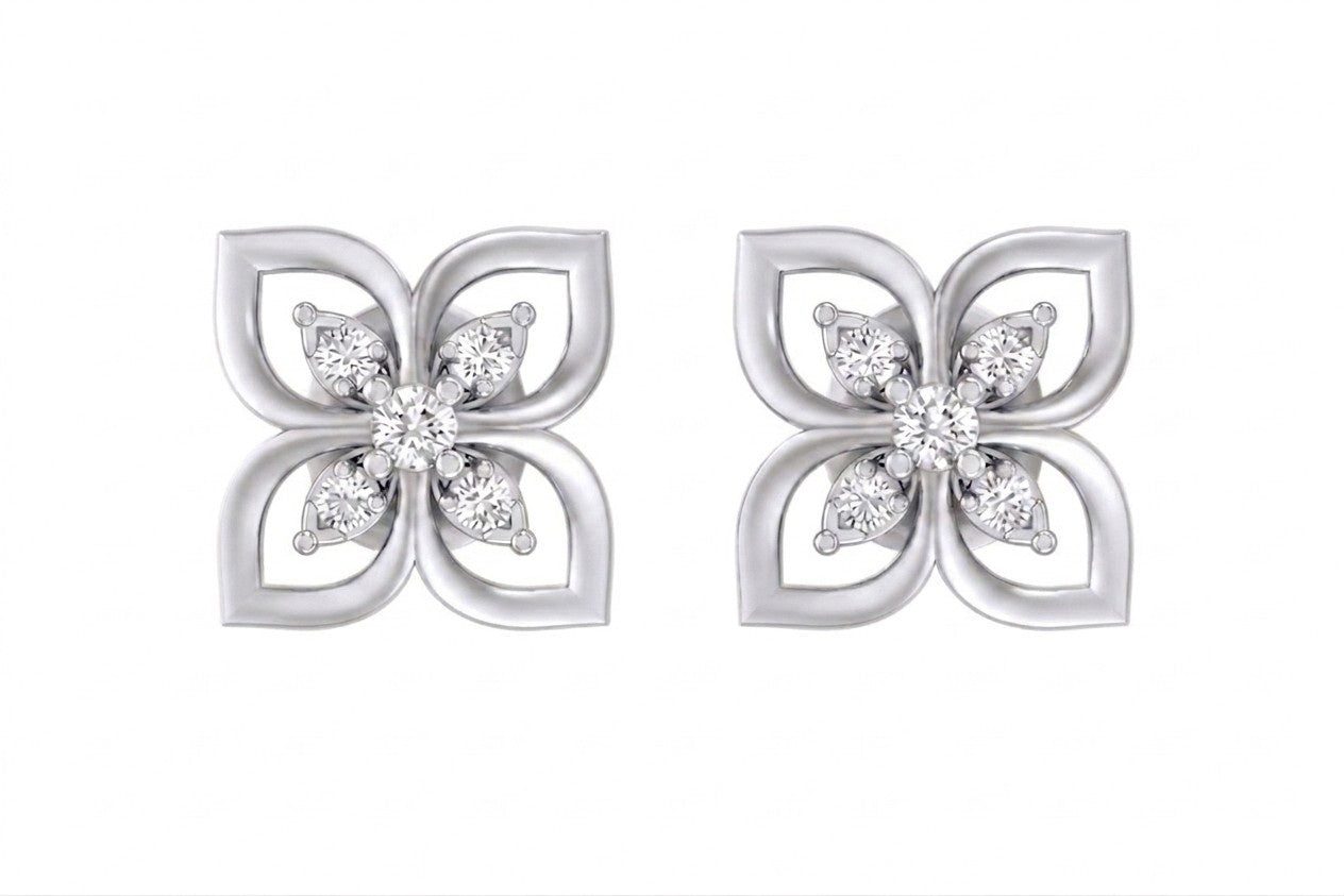 White gold and diamond earrings with floral design on a white background.
