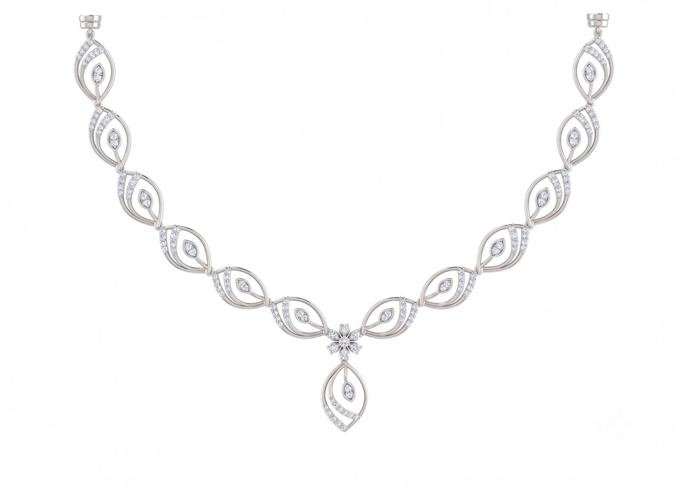 White gold and diamond necklace, featuring a central floral starburst, shown on a plain white background.