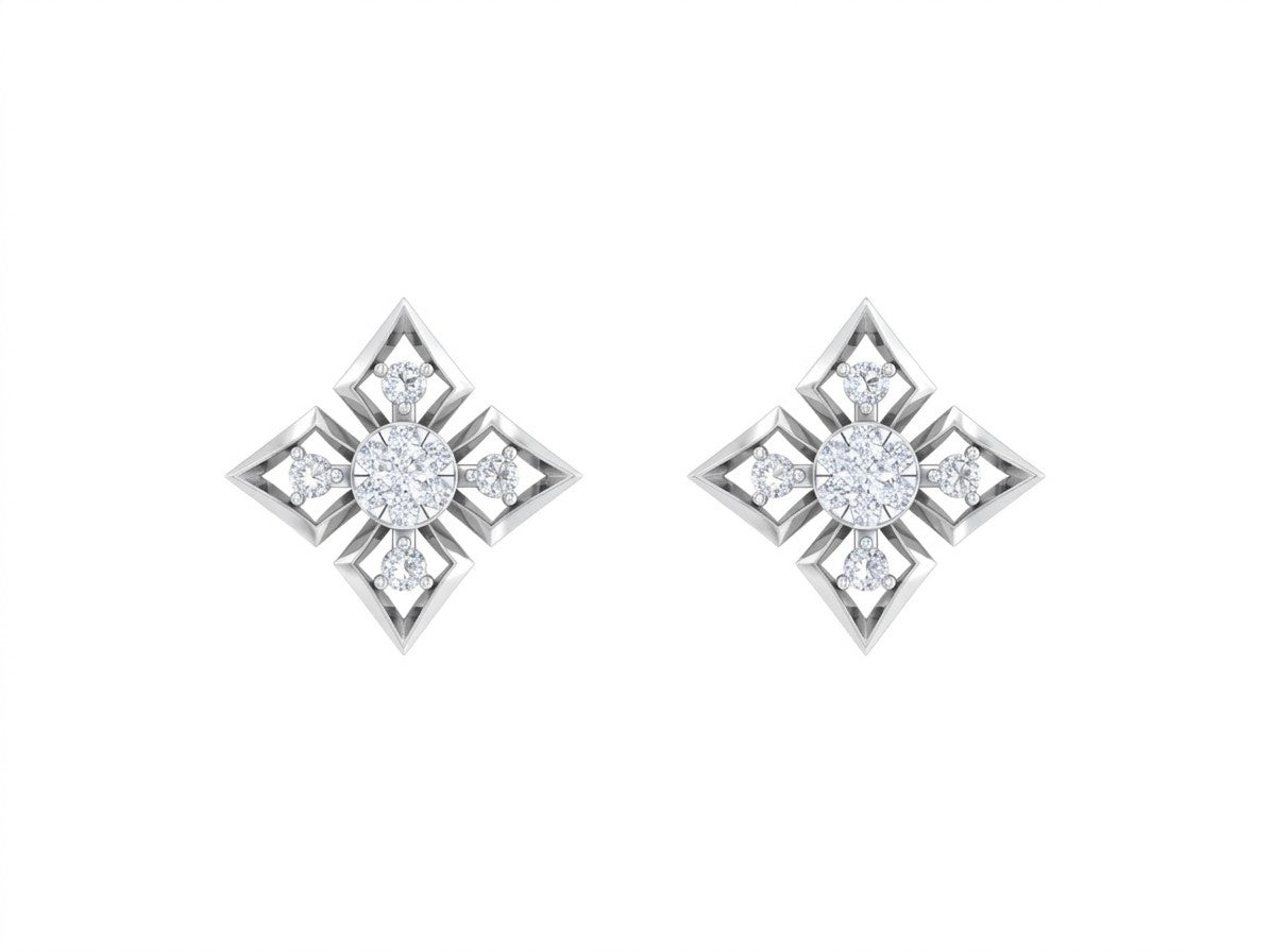 Pair of white gold and diamond stud earrings on a white background.