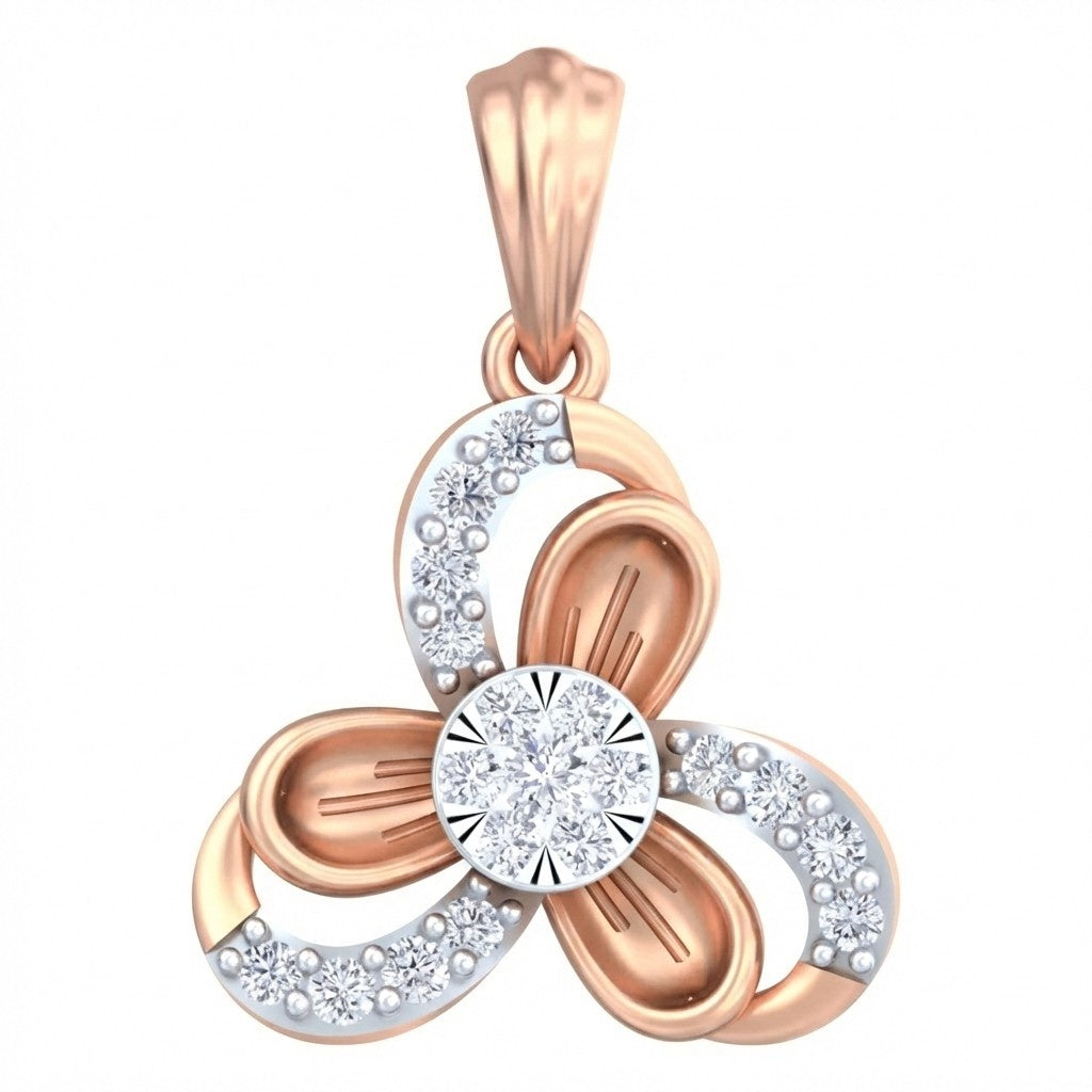 A three-petal flower pendant in rose gold and white gold, featuring a round-cut clear center stone and small pavé-set clear stones along the petal curves, shown on a plain white background.