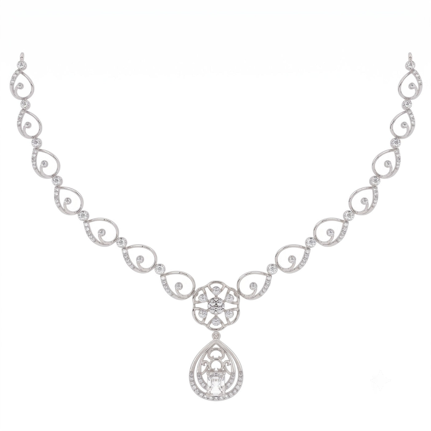 White gold and diamond necklace with floral on a white background.