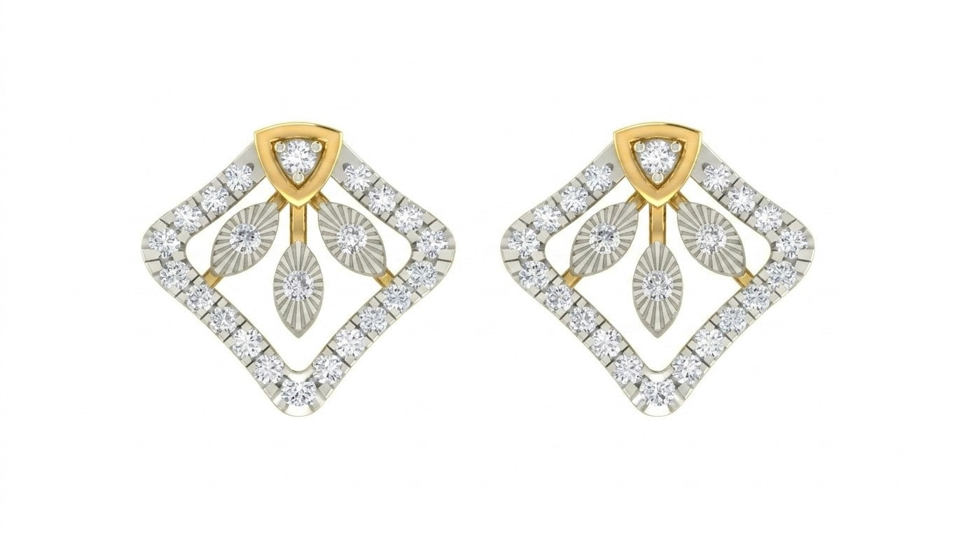 Pair of diamond earrings with yellow gold and diamond design on a white background.