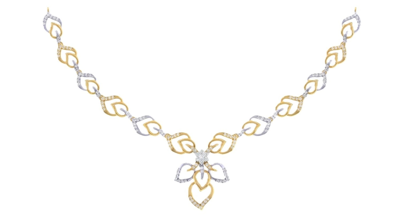 Two-tone yellow gold and diamond necklace on a white background