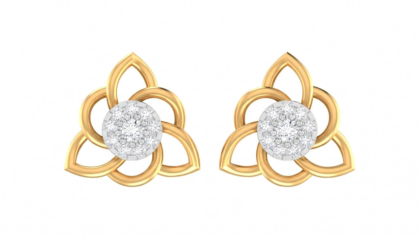 Yellow Gold and diamond stud earrings with floral design on a white background