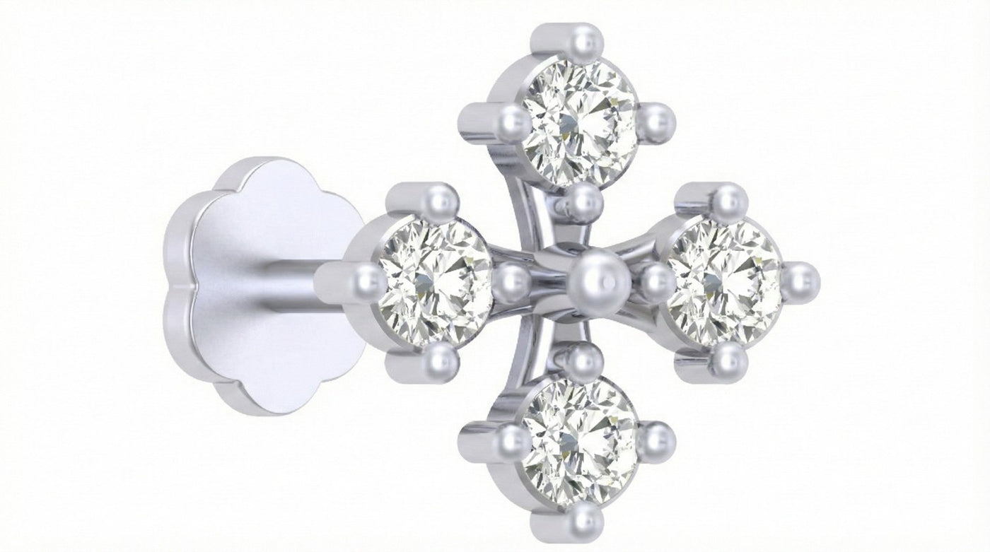 White gold and diamond stud nose pin with clear gemstones on a white background