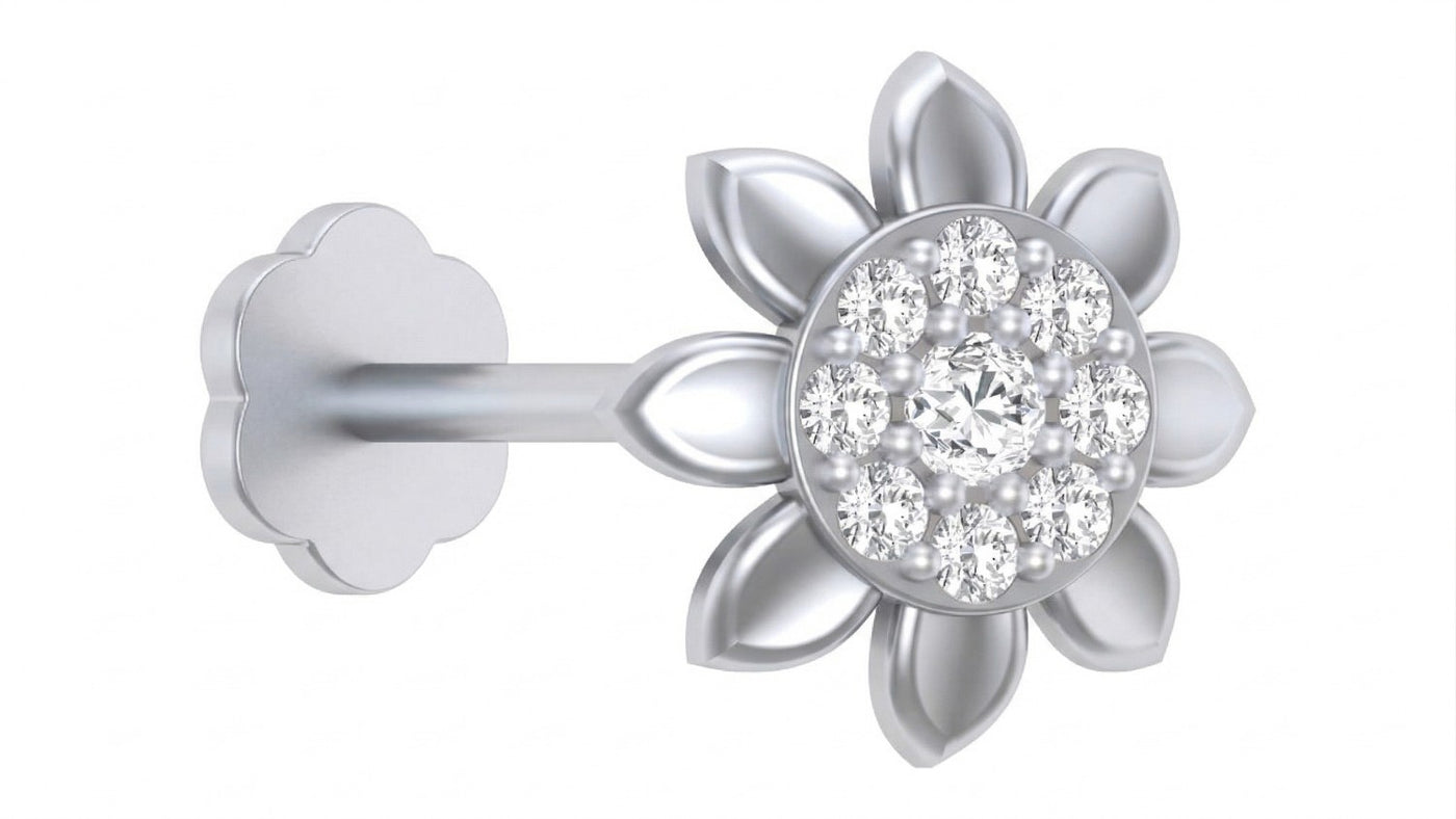 White gold and diamond nose pin with diamond center on a white background
