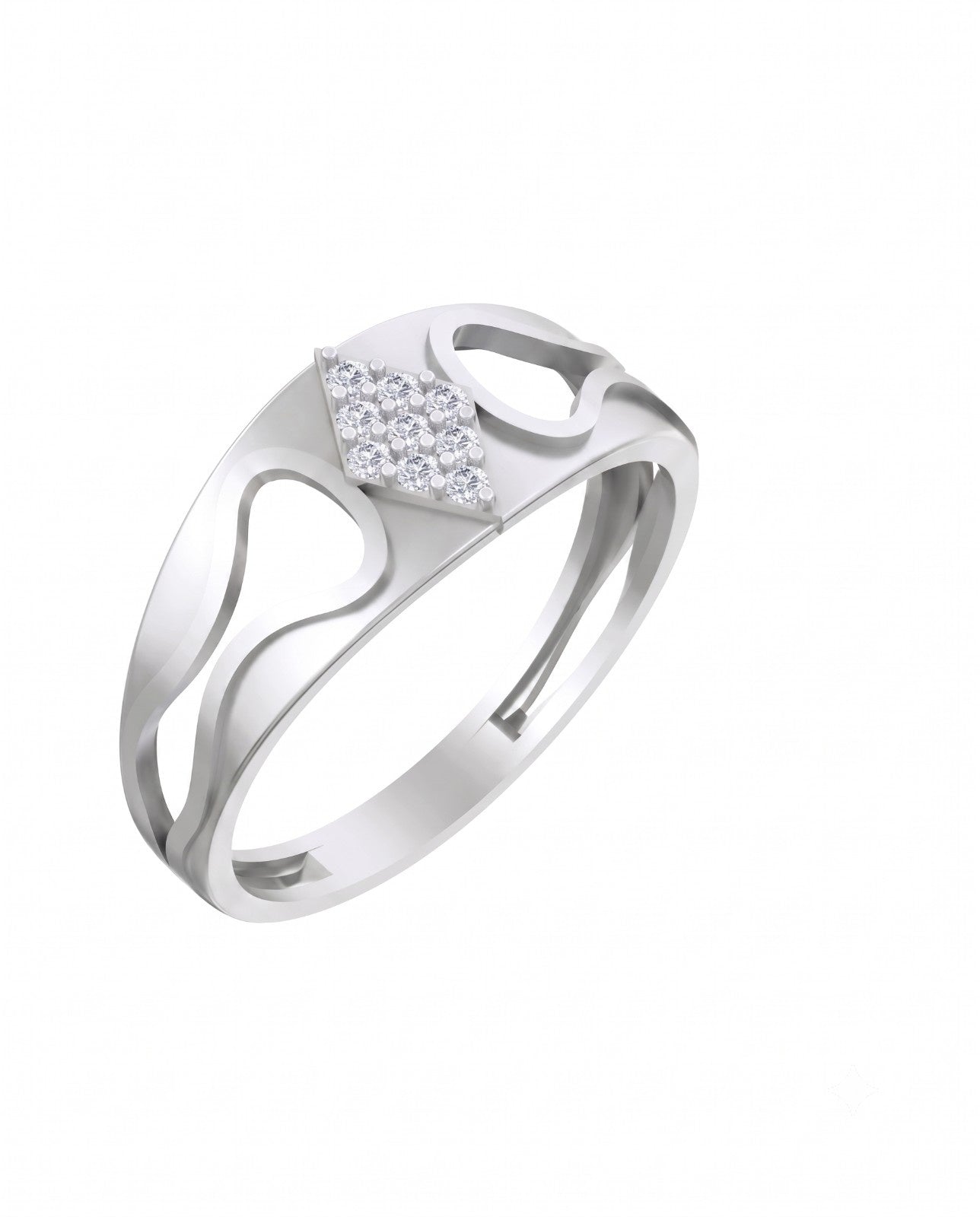 White gold & Diamond Men's Band Ring with Cutouts and Sparkling Diamond Cluster on Band.