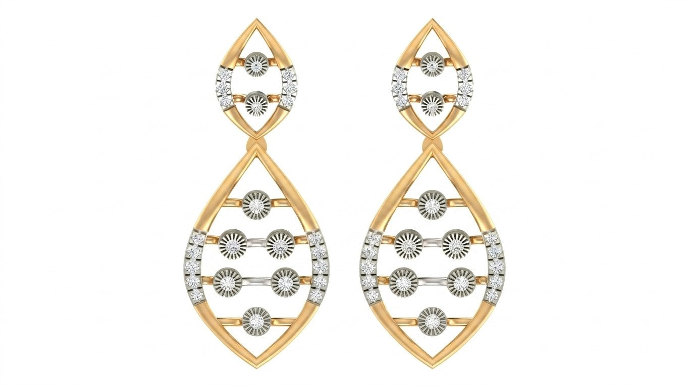 Pair of yellow gold and diamond earrings with intricate designs on a white background
