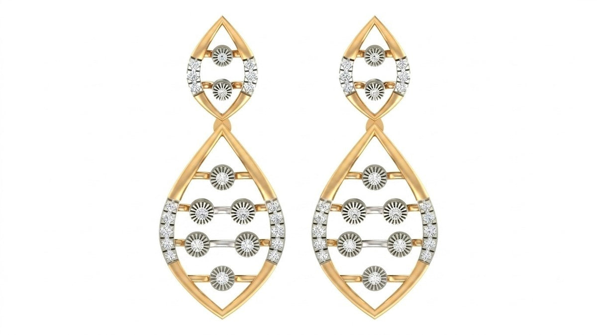 A pair of yellow gold and diamond daangler earrings with a teardrop-shaped design,  shown on a plain white background.