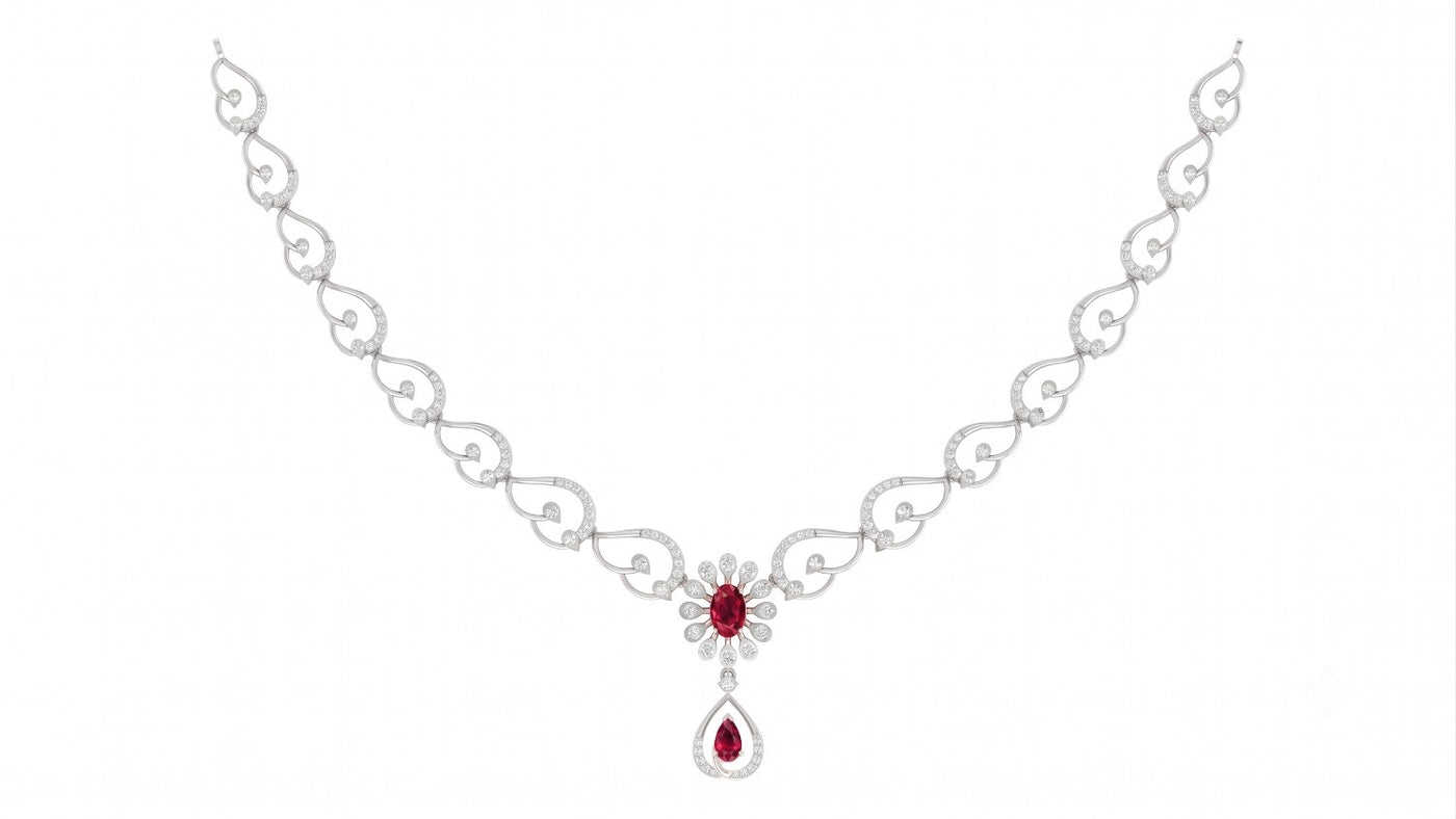 An elegant white gold and diamond necklace featuring a central red ruby flower motif on a white background.