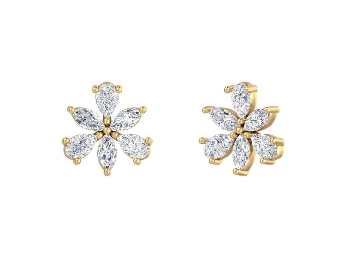 Yellow gold and diamond flower-shaped earrings on a white background.