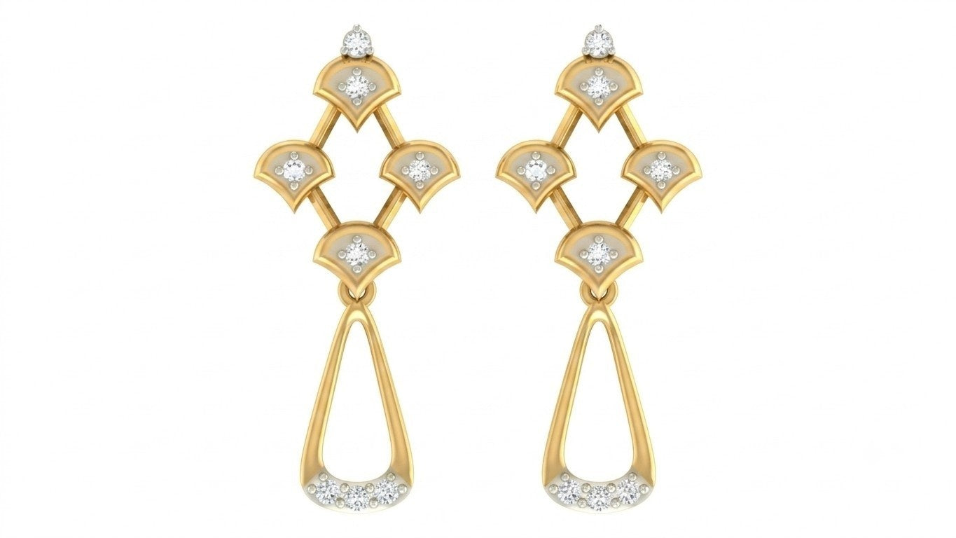 Yellow gold and diamond drop earring ona white background.