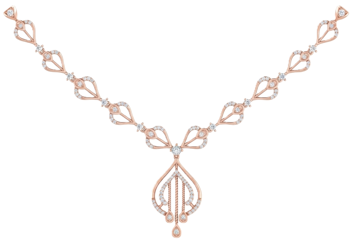 Rose gold and diamond necklace with openwork leaf links and an intricate chandelier drop.