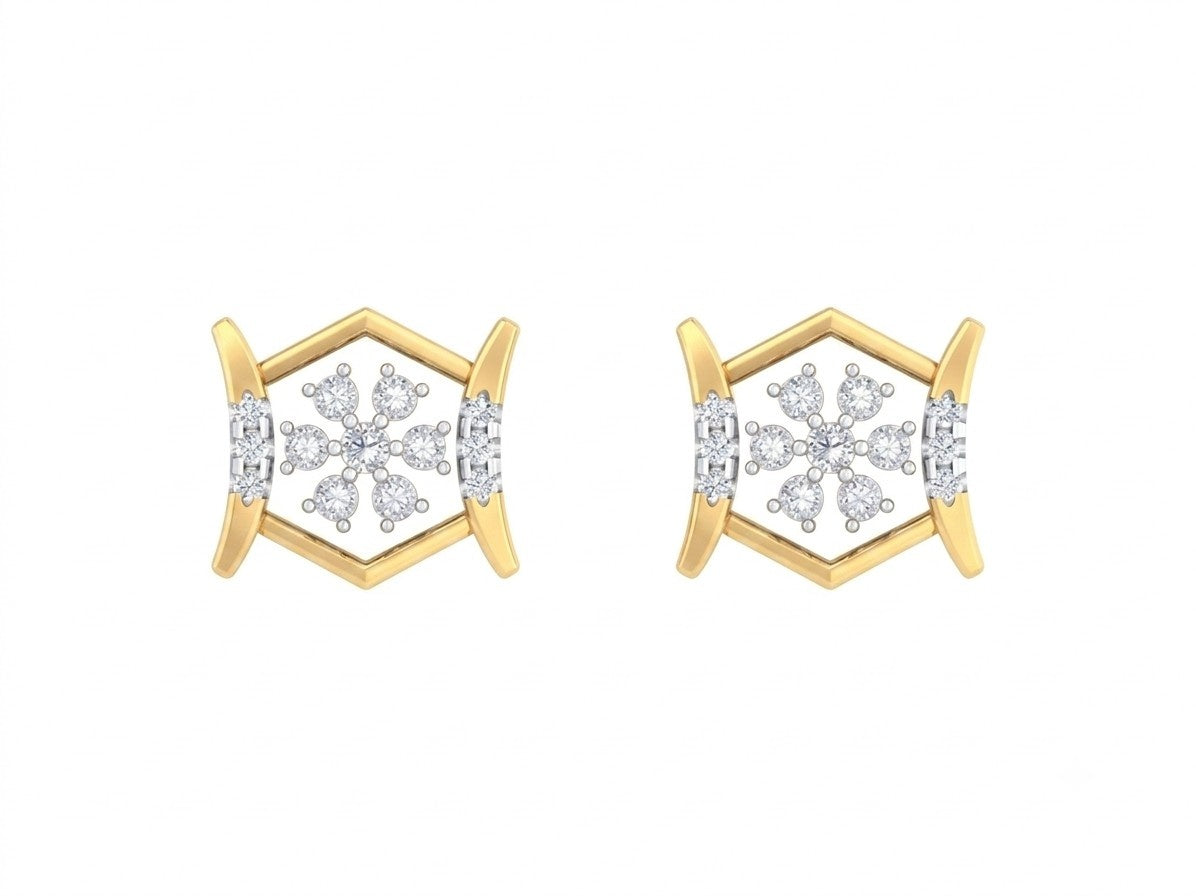 Yellow gold and diamond stud earring on a white background.