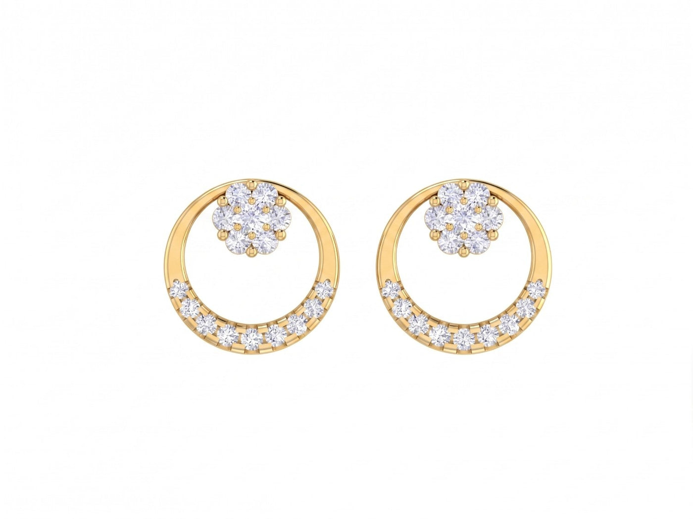 Yellow gold and diamond stud earring with round-shaped on a white background.