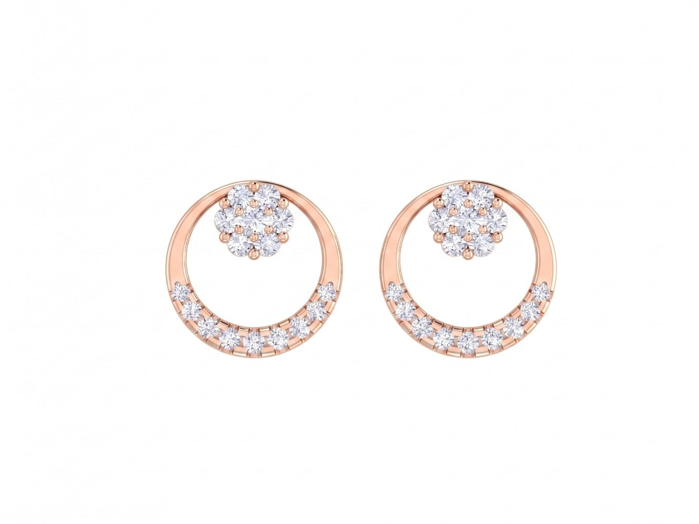 Rose gold and diamond stud earring with round-shaped on a white background.