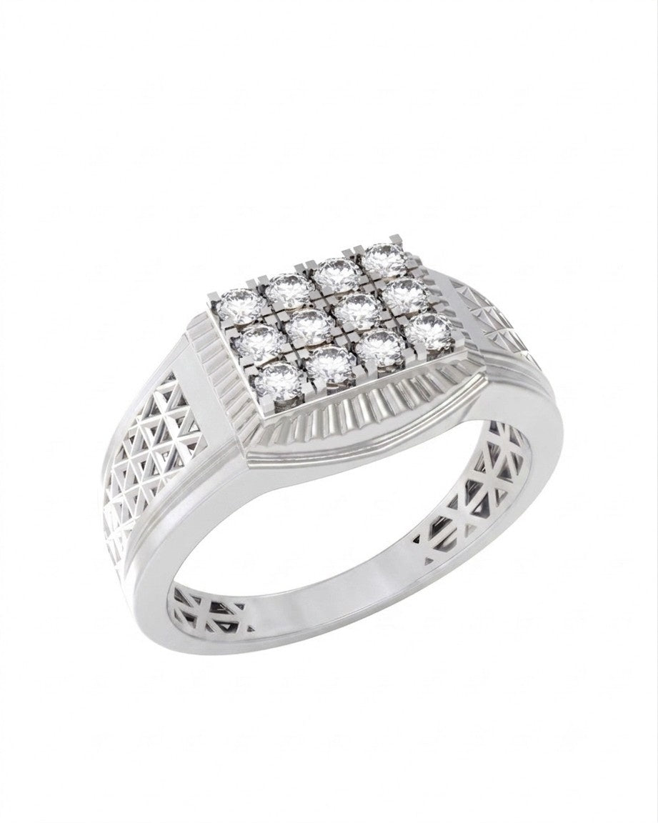 A white gold and diamond ring featuring a square cluster, with geometric on the shoulders and a polished band.