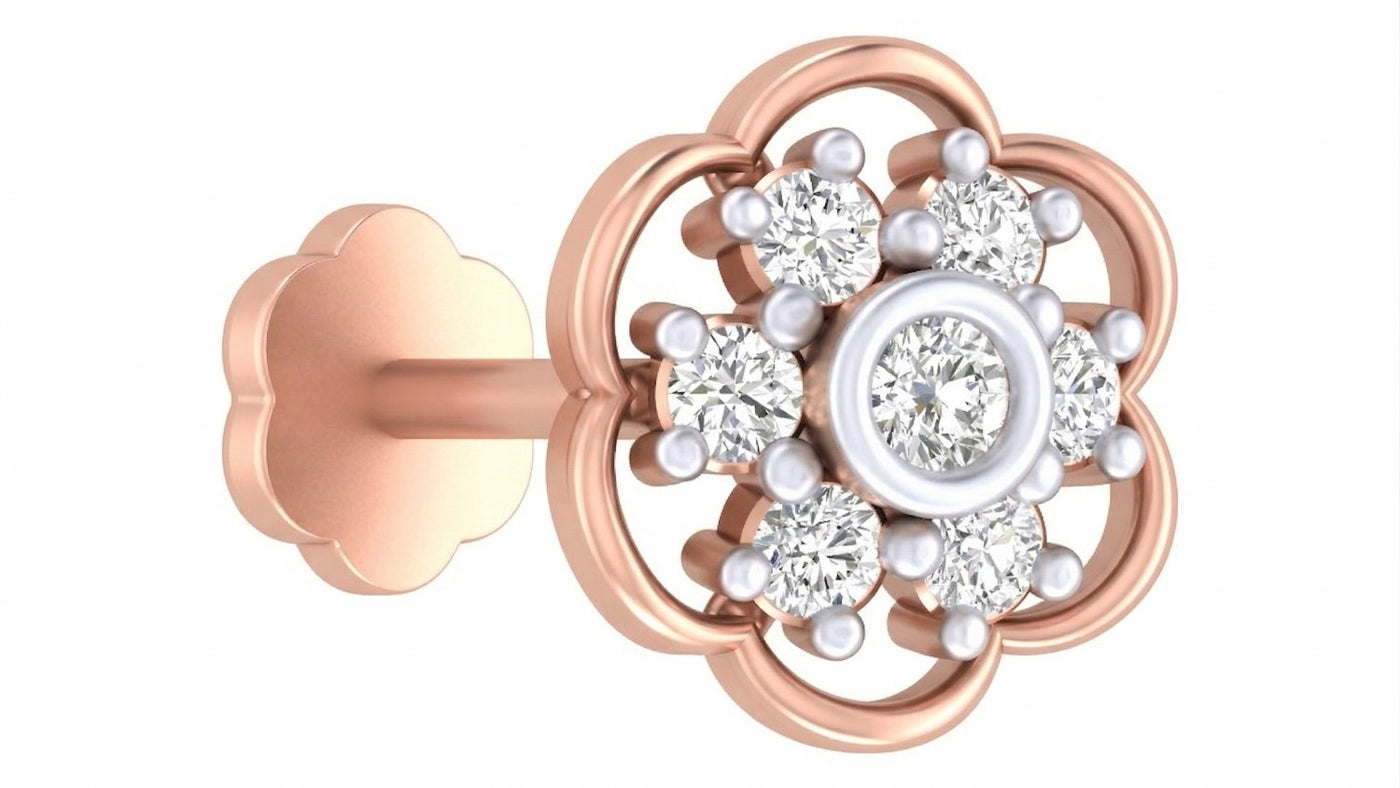 A Rose gold and diamond stud nose pin and  flower-shaped stud with a central round diamond, surrounded by smaller diamonds and white pearl-like accents, on a plain white background.