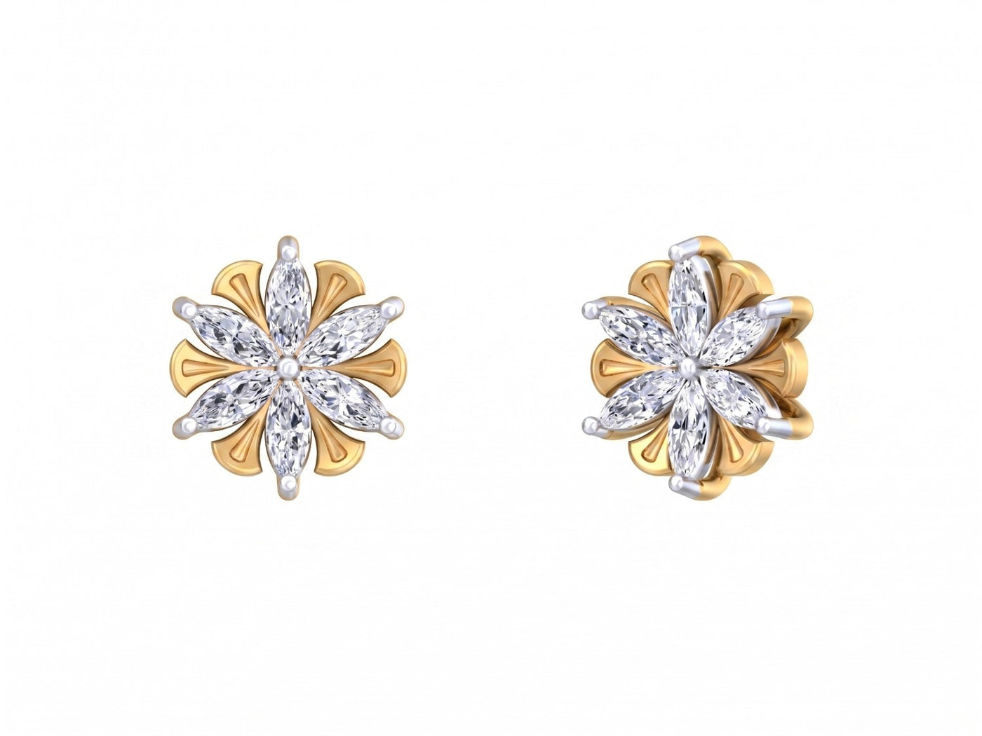 Pair of yellow gold and diamond floral-shaped stud earrings on a white background