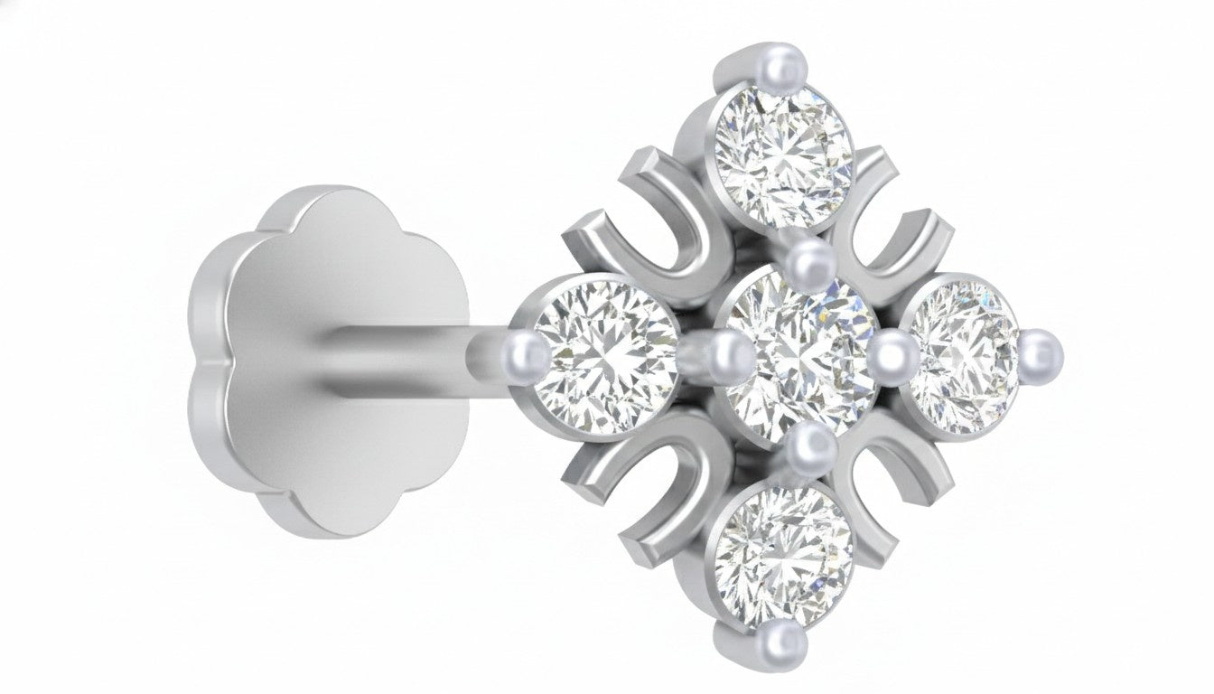 white gold and diamond stud nose pin on a white background