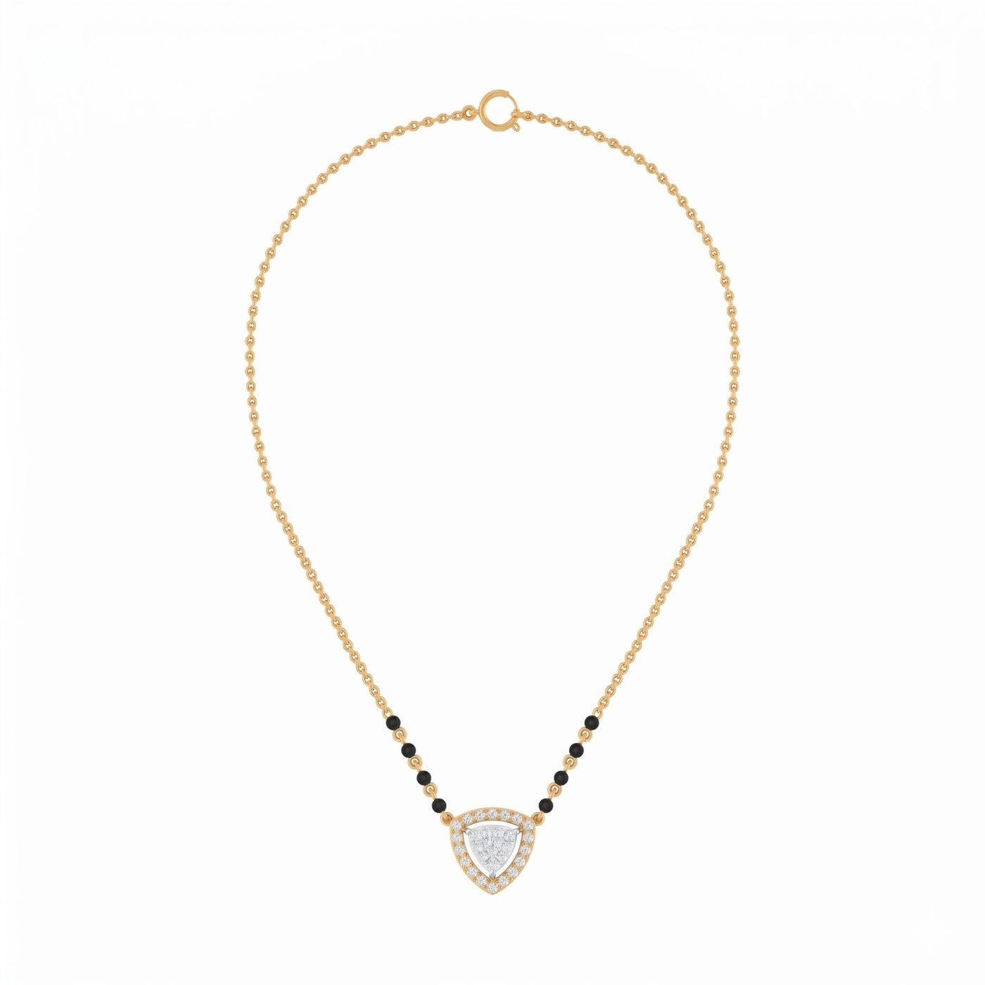 Yellow gold mangalsutra with a triangular design on a white background