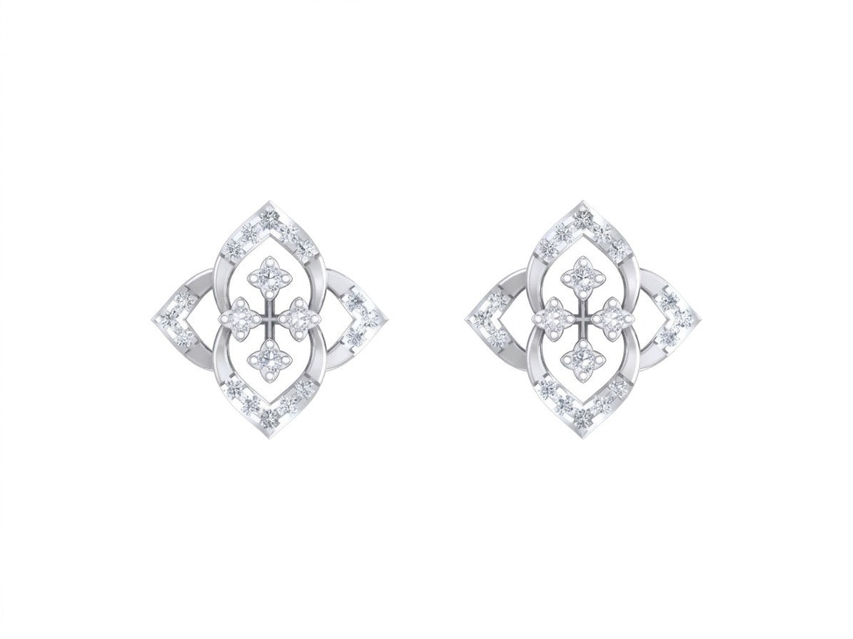 White gold and diamond stud earring with floral-design on a white background.