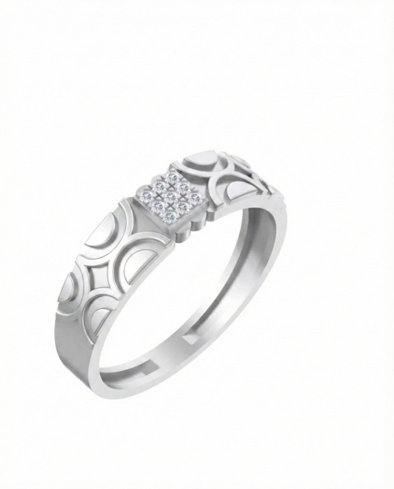 A white gold ring with an intricate pattern and square cluster at the center, shown on a plain white background.