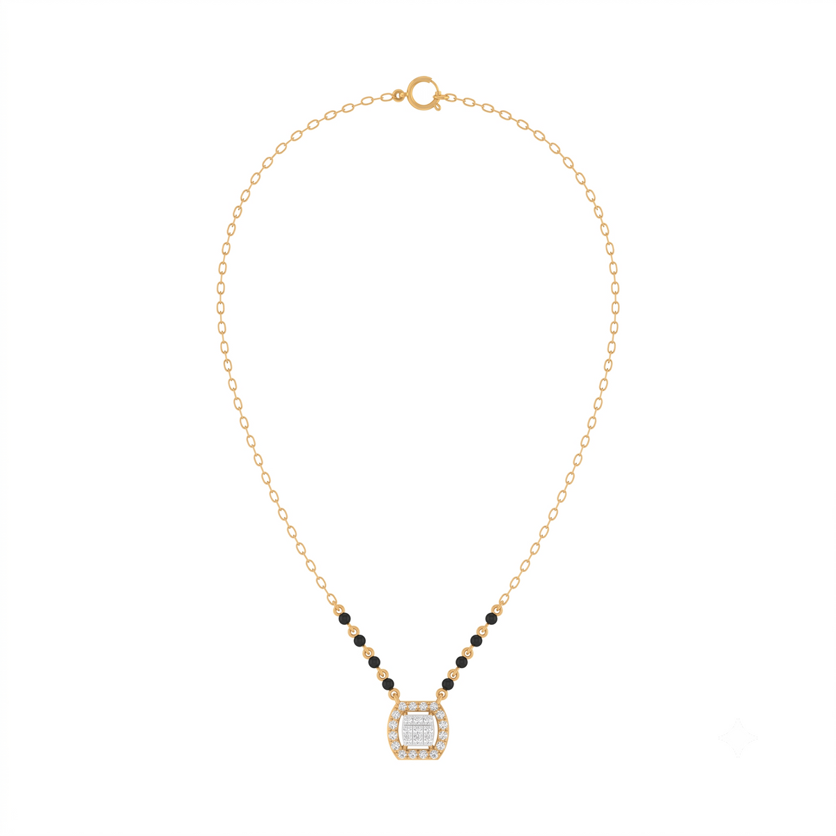Yellow gold and diamond mangalsutra with a square diamond on a white background