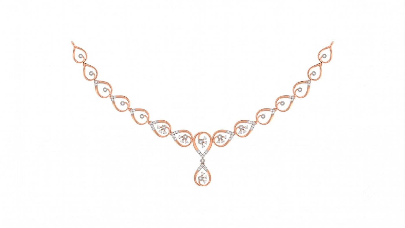 Rose gold and diamond necklace with a teardrop-shaped design.