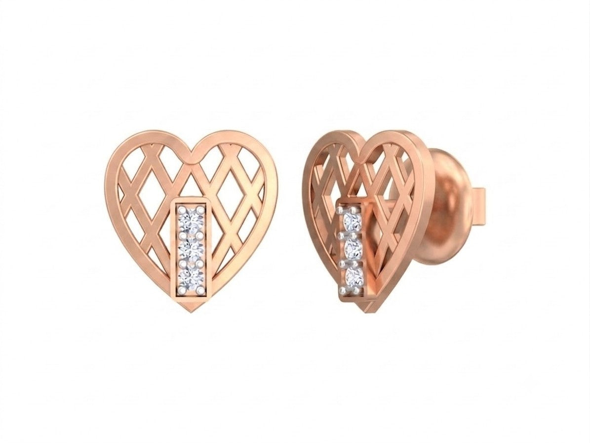 A pair of rose gold and diamond heart-shaped stud earrings with an open lattice design, shown on a plain white background.