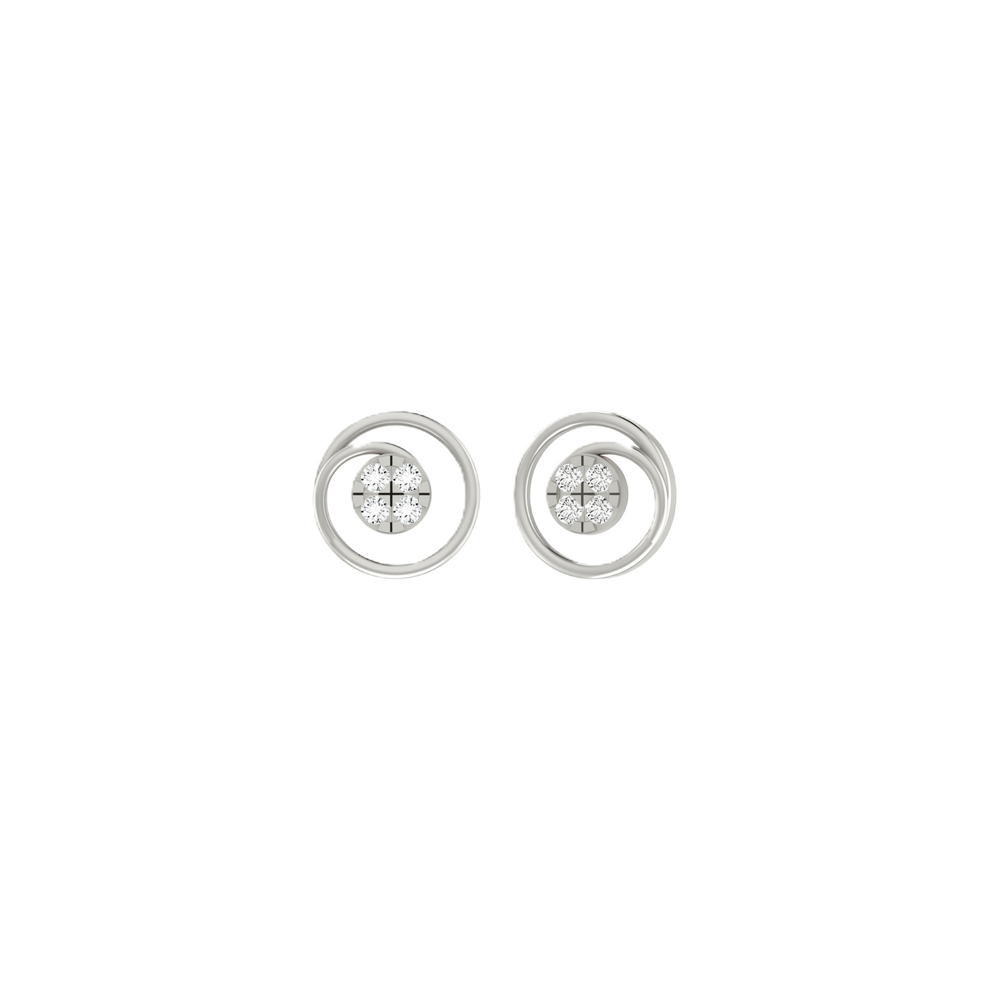 White gold and diamond stud earrings with circular design on a white background