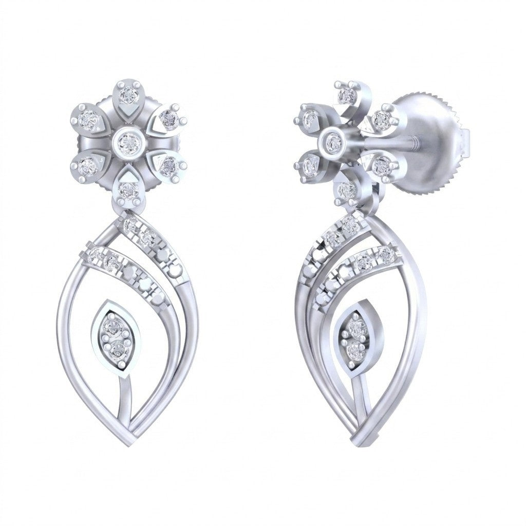 White gold and diamond earrings with diamond accents on a white background.