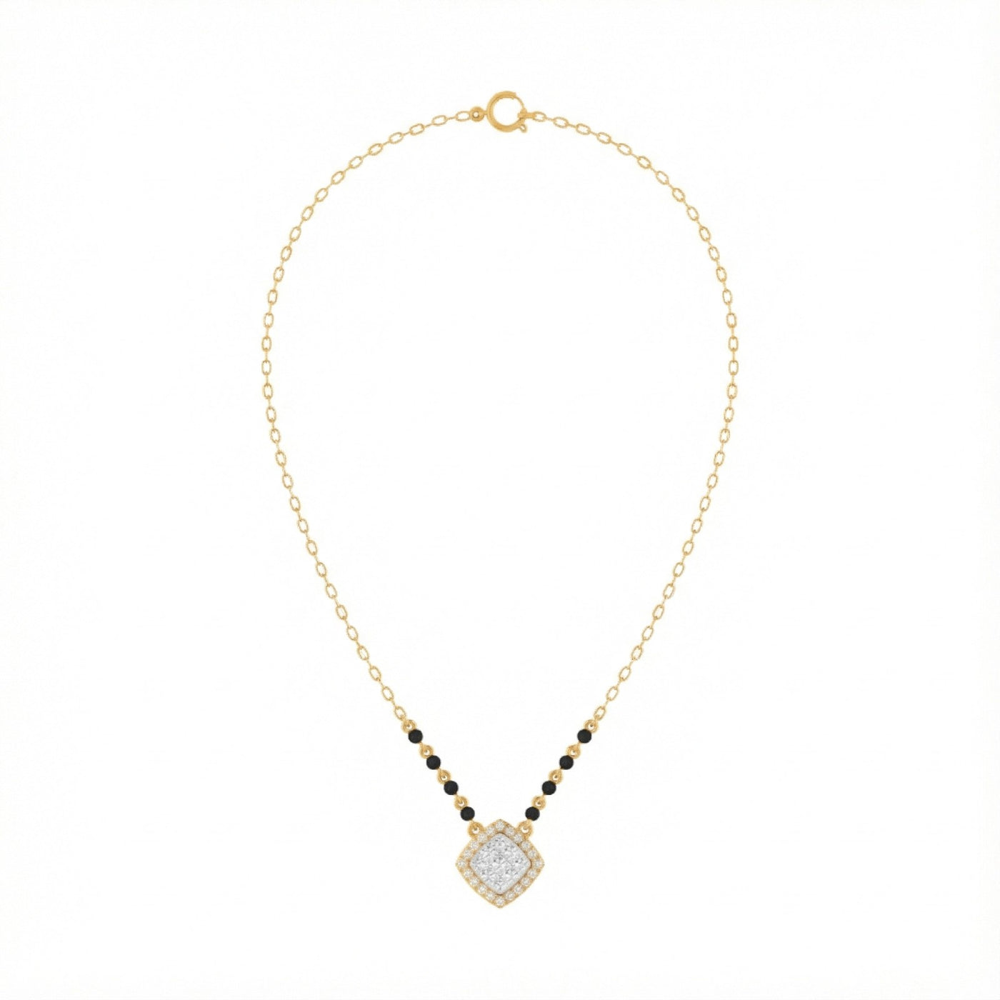 yellow gold and diamond mangalsutra with a square diamond on a white background