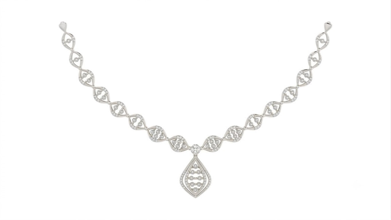A white gold and diamond necklace featuring a central teardrop, displayed on a solid white background.