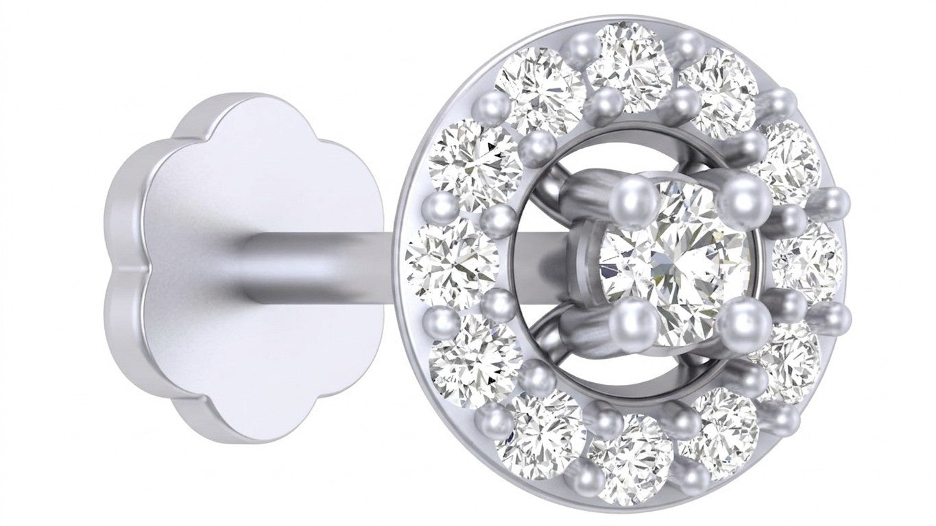 White gold and diamond stud nose pin on a white background