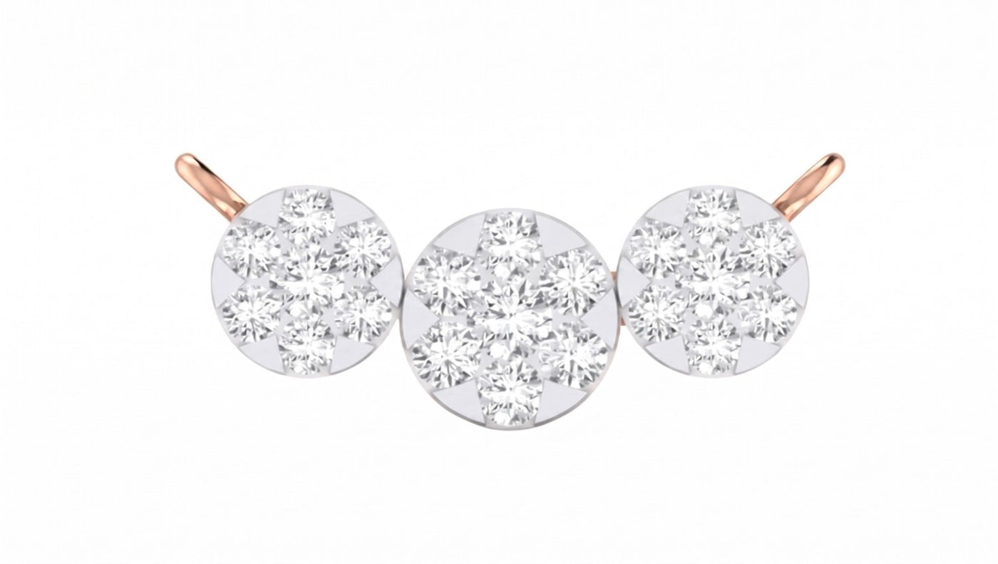 Three round diamond mangalsutra with rose gold posts on a white background