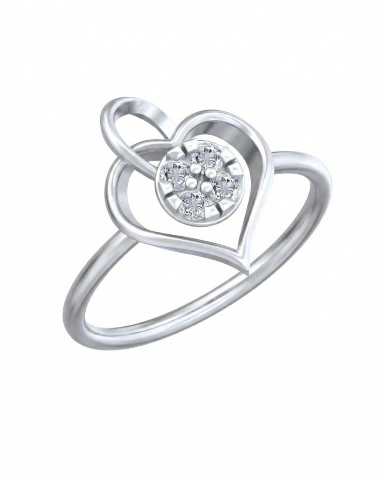 White gold heart-shaped ring with a diamond center on a white background