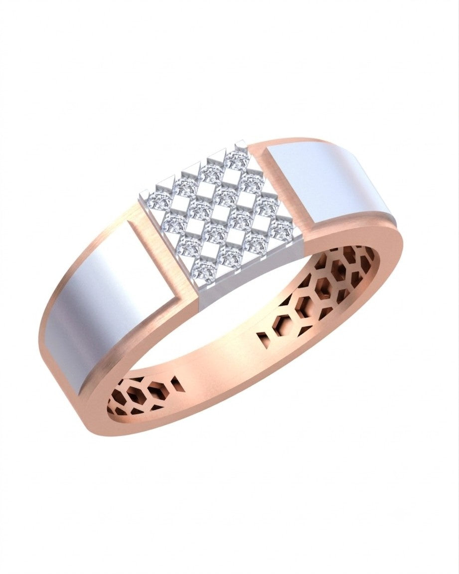 A rose gold and diamond ring with a central diamond cluster, shown on a plain white background.