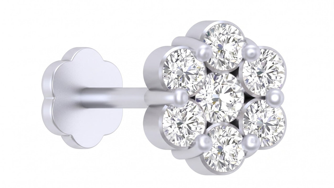 white gold and diamond stud nose pin with diamonds on a white background