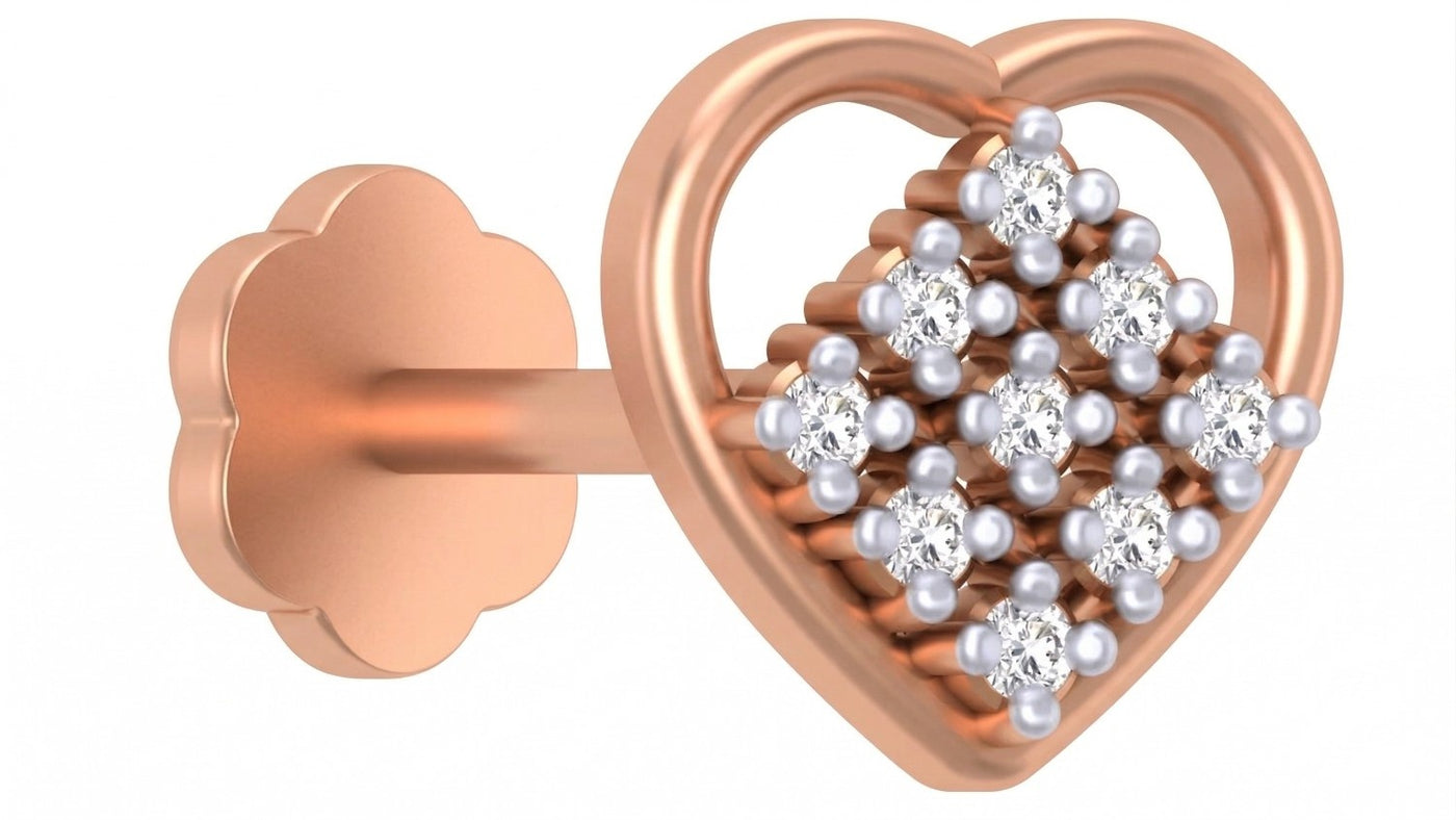 Elegant heart-shaped Rose gold and diamond nose pin featuring sparkling clustered diamonds design
