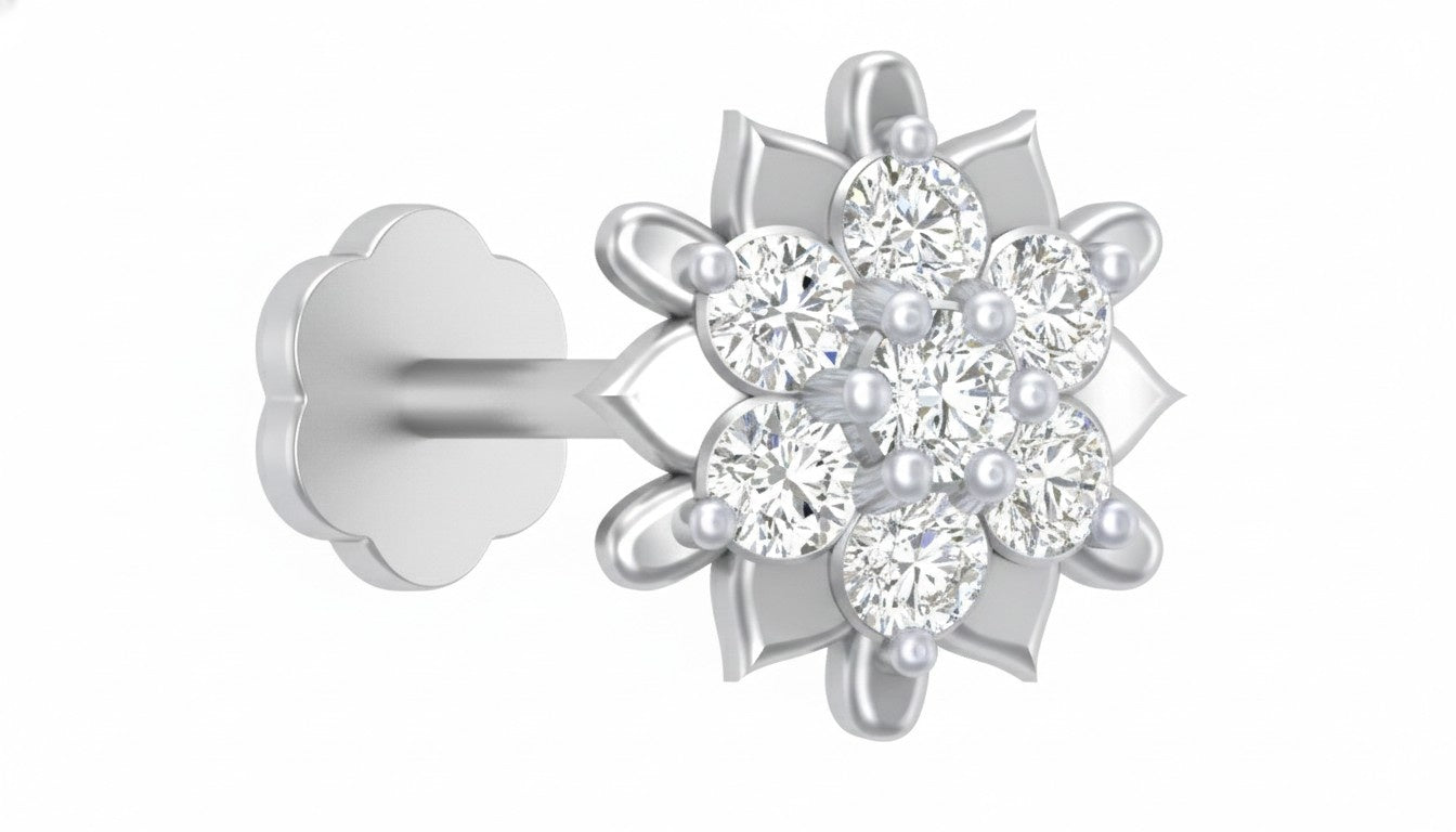white gold and diamond stud nose pin with diamond-like stones on a white background