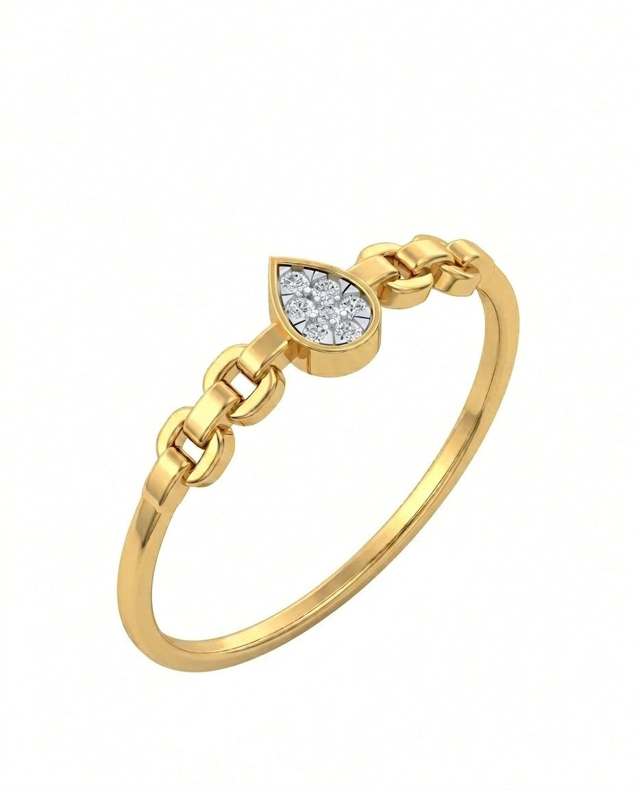 Yellow gold ring with a heart-shaped diamond on a white background

