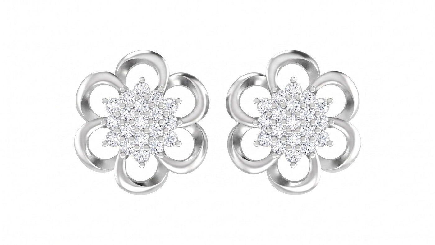 A pair of white gold flower-shaped stud earrings with clear gemstones in the center, set against a plain white background.