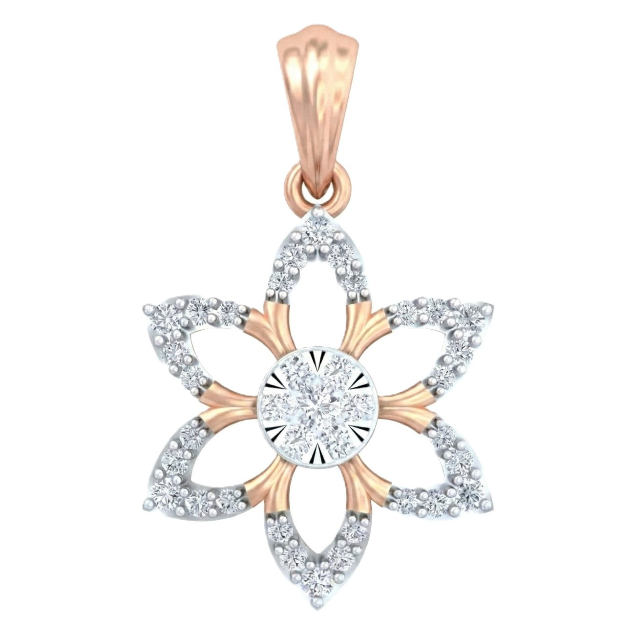 Rose gold and diamond pendant on white background