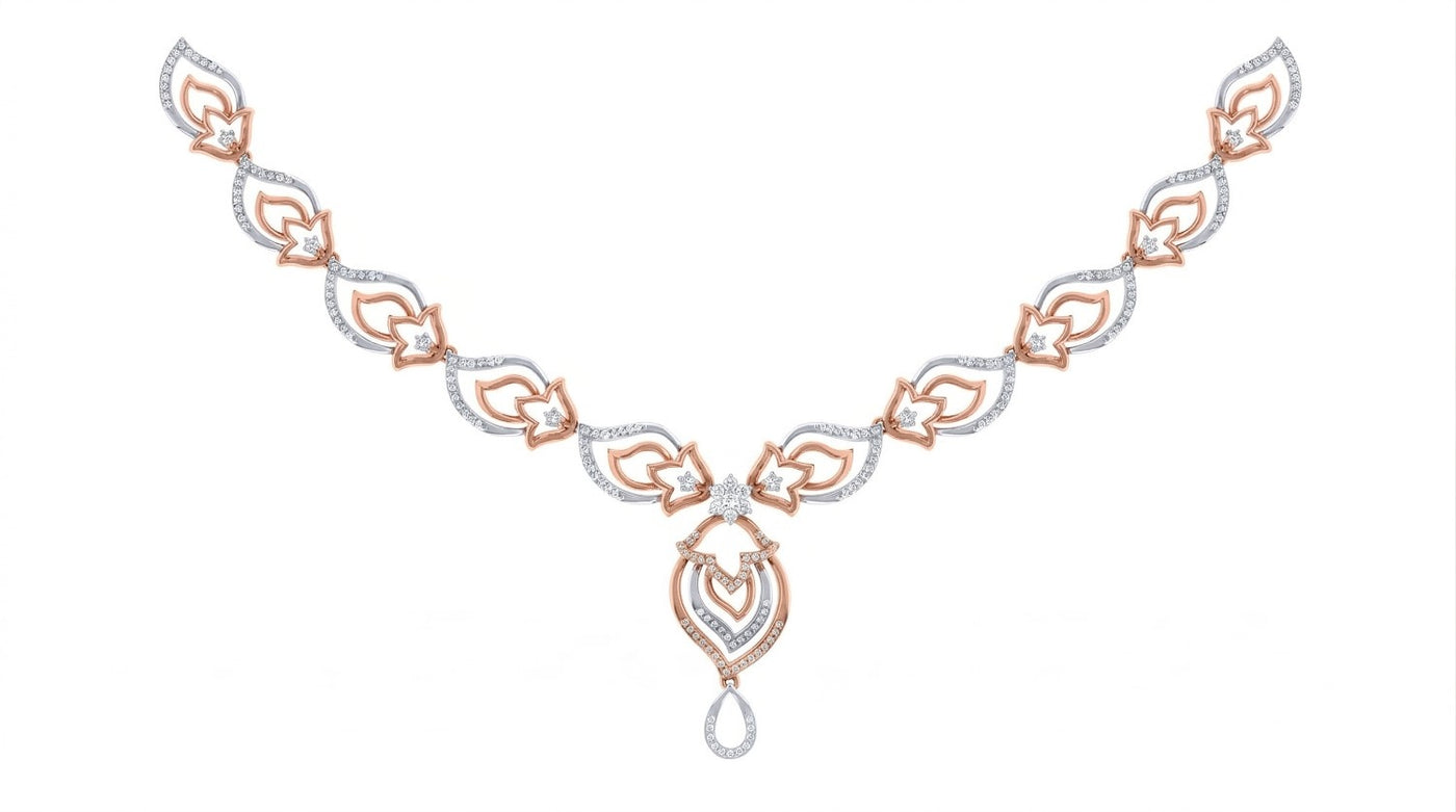 Ornate necklace with rose gold and diamond design on a white background