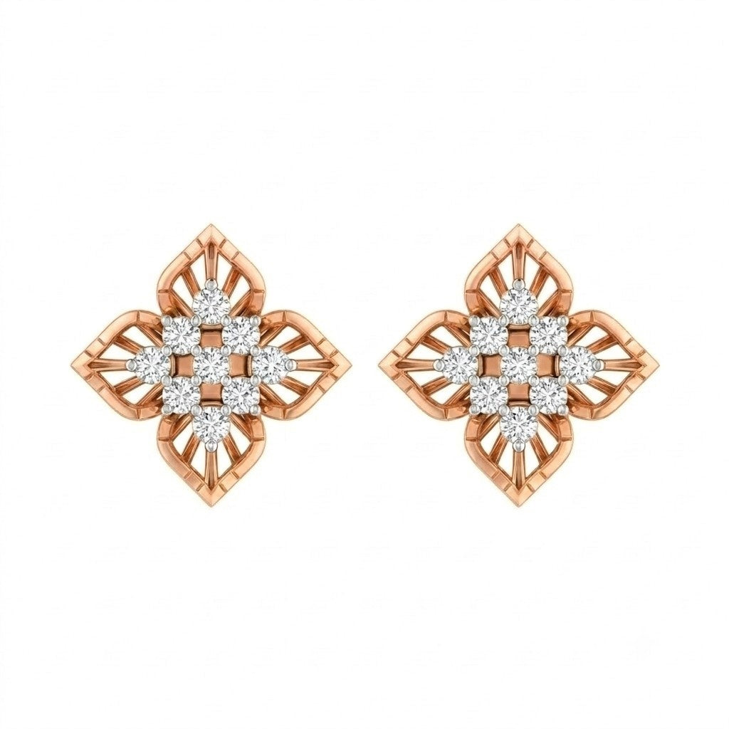 A Pair of rose gold and diamond floral-shaped stud earrings on a white background.