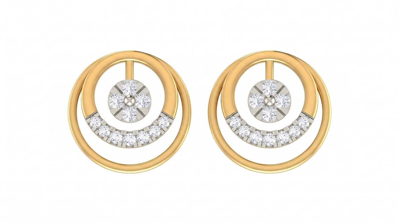 Yellow gold and diamond stud earrings with circular design on a white background