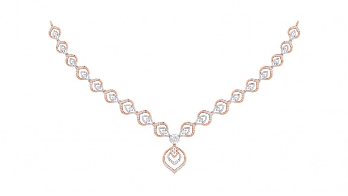 A delicate rose gold and diamond necklace set, displayed on a solid white background.