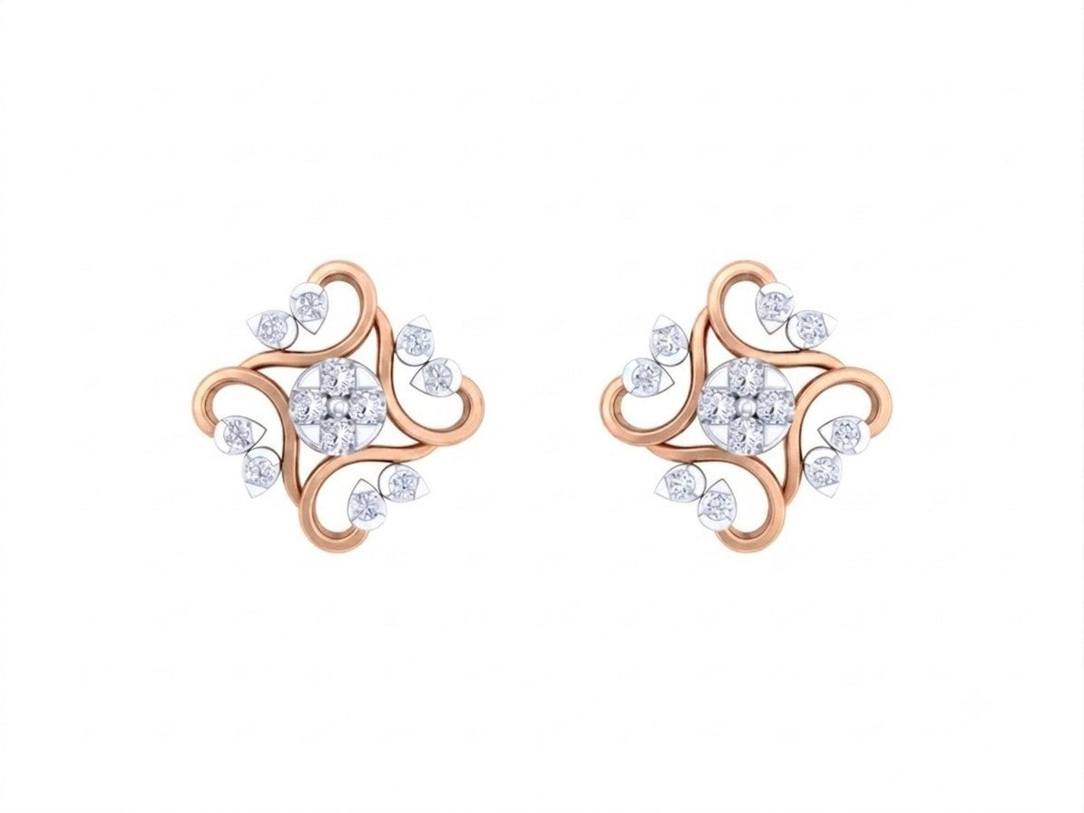 Rose gold and diamond floral stud earring on a white background.